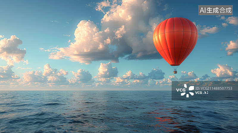 【AI数字艺术】蓝色的海平面，蓝色的天空，一只红色的热气球图片素材
