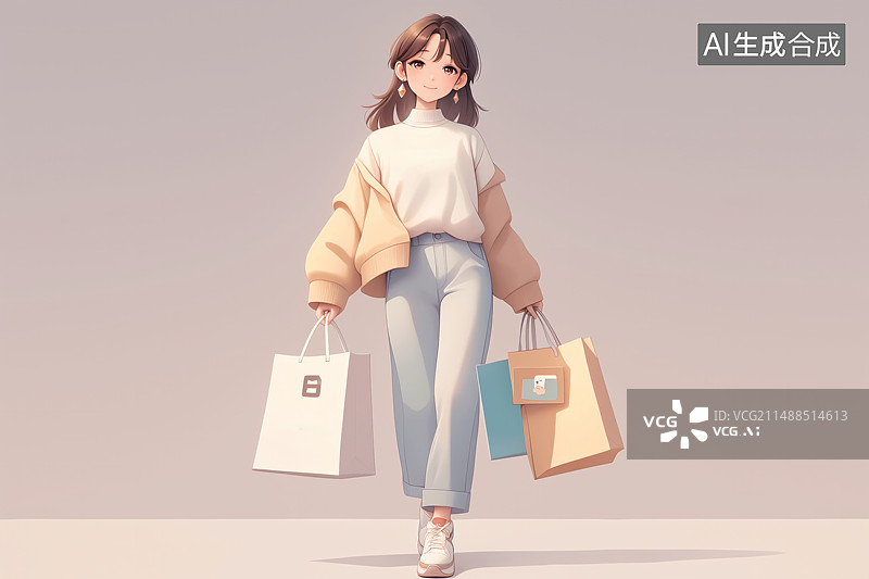 【AI数字艺术】一个提着购物袋的中国年轻女孩图片素材