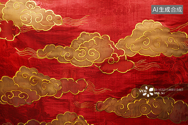 【AI数字艺术】无缝的红色祥云背景连续图案，古代祥云布纹纹理图片素材