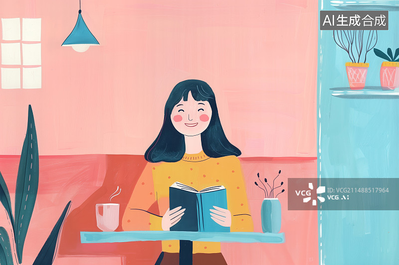 【AI数字艺术】女子在咖啡馆或居家阅读插画，世界读书日插画图片素材
