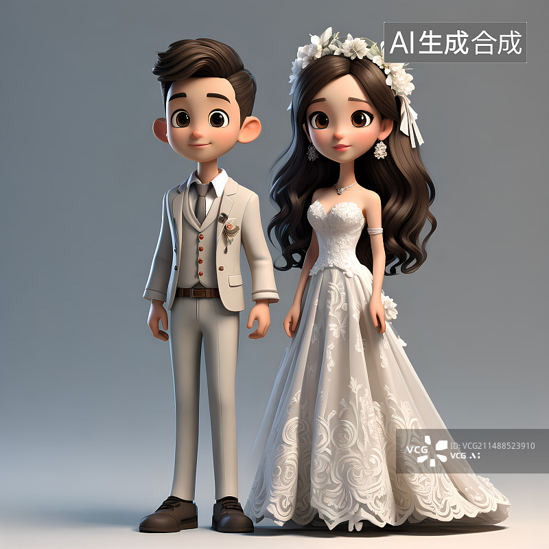 【AI数字艺术】3D渲染，一对穿着礼服西装婚纱的新郎新娘图片素材