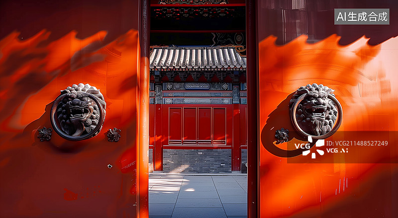 【AI数字艺术】红色木门上的门环门钹图片素材