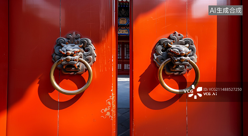 【AI数字艺术】红色木门上的门环门钹图片素材
