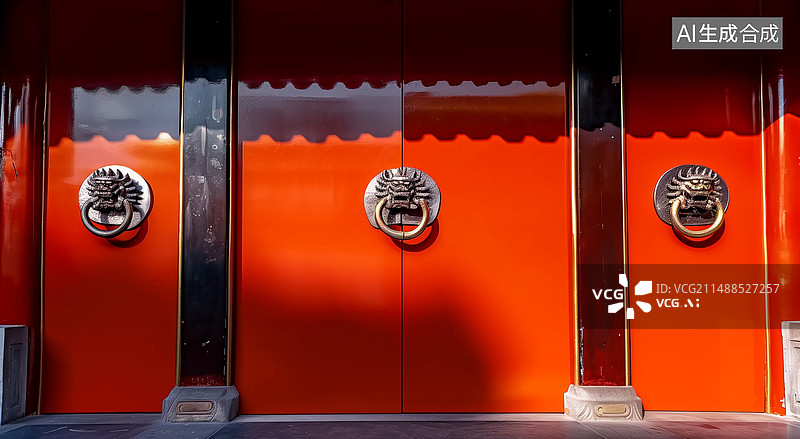 【AI数字艺术】红色木门上的门环门钹图片素材