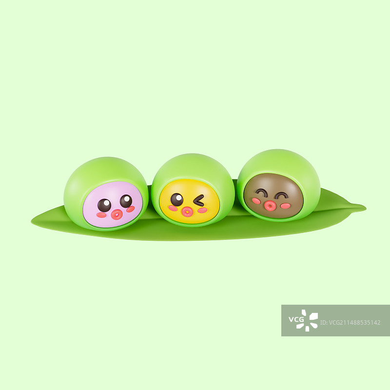 3D渲染的放在叶子上的青团可爱表情拟人清明节元素插画图片素材
