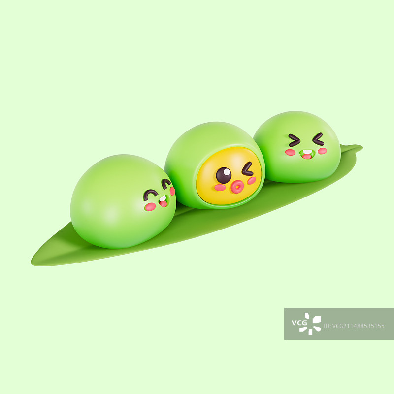 3D渲染的放在叶子上的青团可爱表情拟人清明节元素插画图片素材