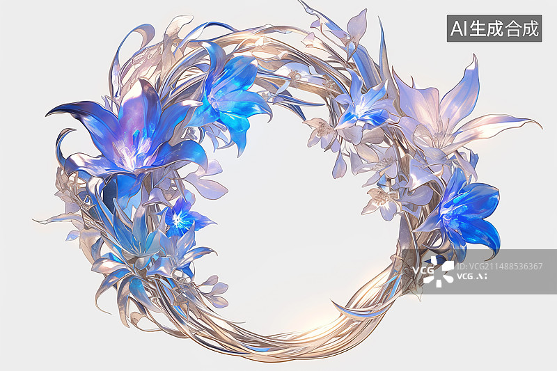 【AI数字艺术】3D花卉和金属组成圆环图片素材