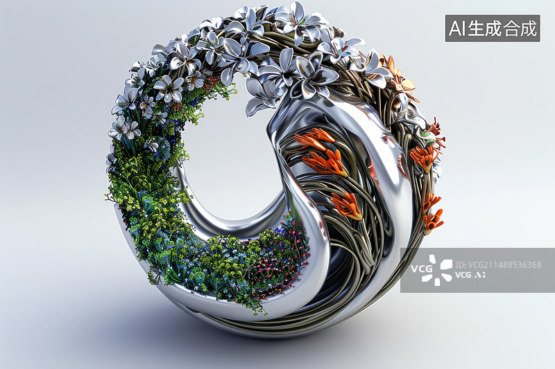 【AI数字艺术】3D花卉和金属组成圆环图片素材