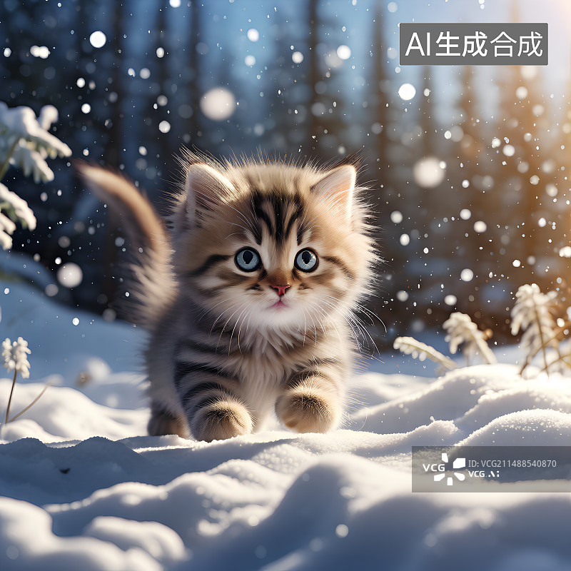 【AI数字艺术】在雪地里奔跑玩耍的小奶猫，狸花猫图片素材