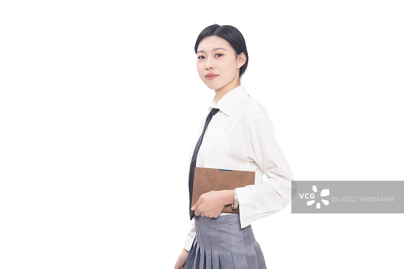 白背景拿着书本的年轻女性学生形象图片素材