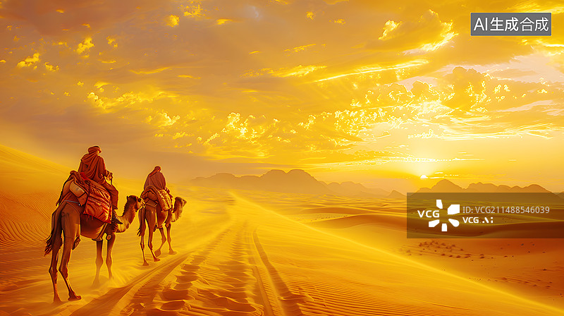 【AI数字艺术】AIGC:沙漠里的骆驼，旅行沙丘，户外风景插图插画图片素材