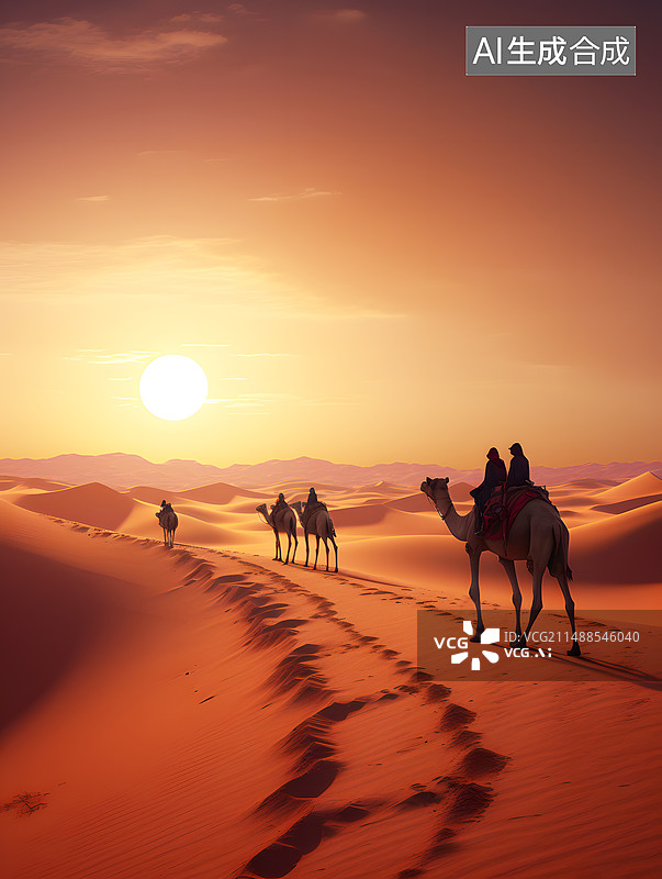 【AI数字艺术】AIGC:沙漠里的骆驼，旅行沙丘，户外风景插图插画图片素材