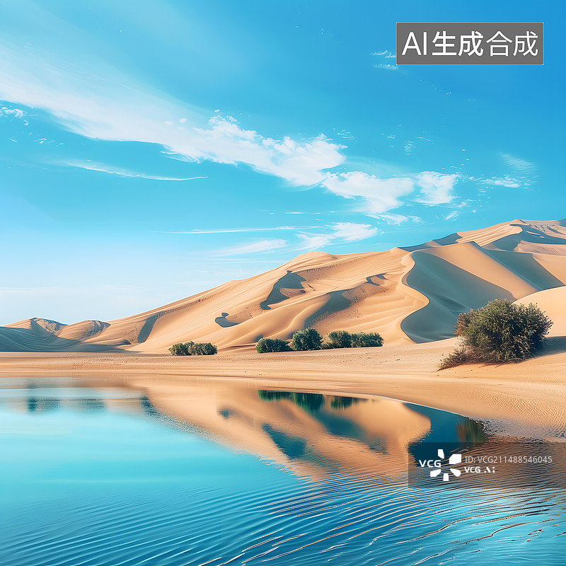 【AI数字艺术】AIGC:沙漠绿洲 ，户外风景沙丘，背景插图插画图片素材