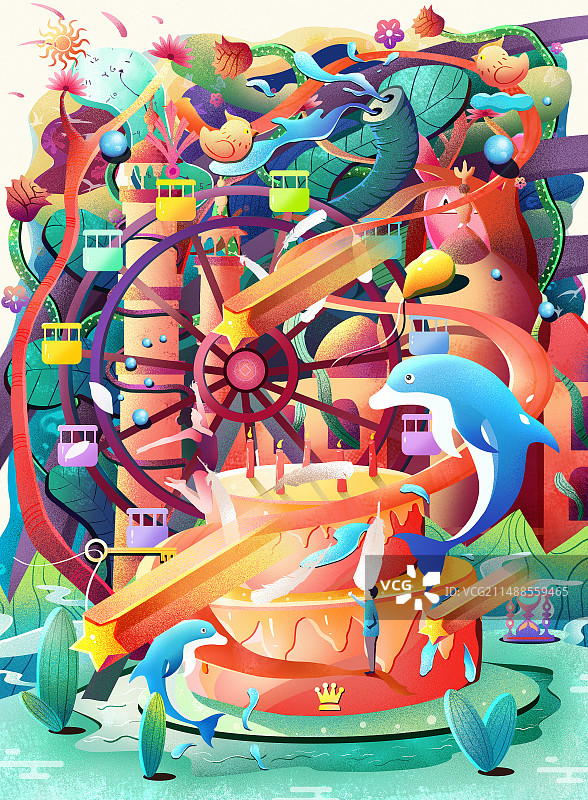 跳舞女孩生日的游乐园祝福插画图片素材