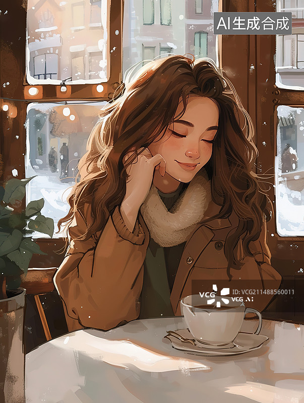 【AI数字艺术】坐在咖啡馆里的年轻女子图片素材