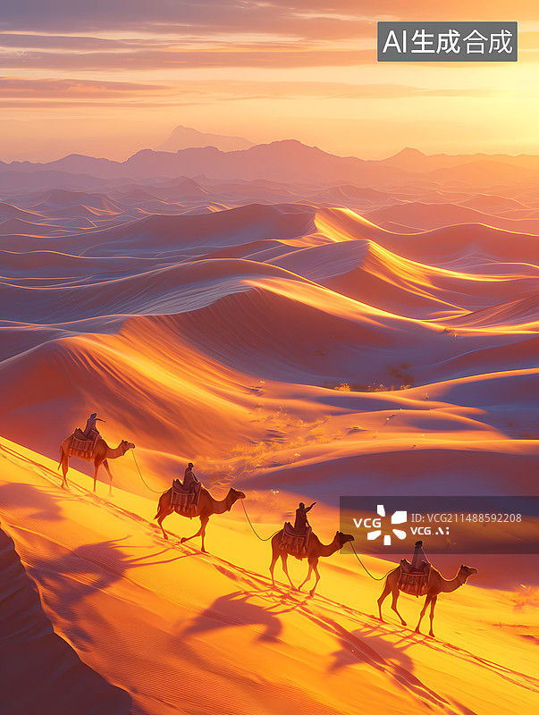 【AI数字艺术】落日沙漠沙丘骆驼风景图片素材