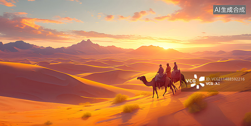 【AI数字艺术】落日沙漠沙丘骆驼风景图片素材