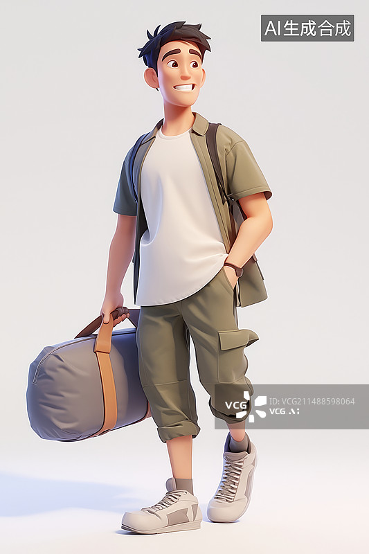 【AI数字艺术】一个年轻的男孩提着旅游包3D白色背景图片素材