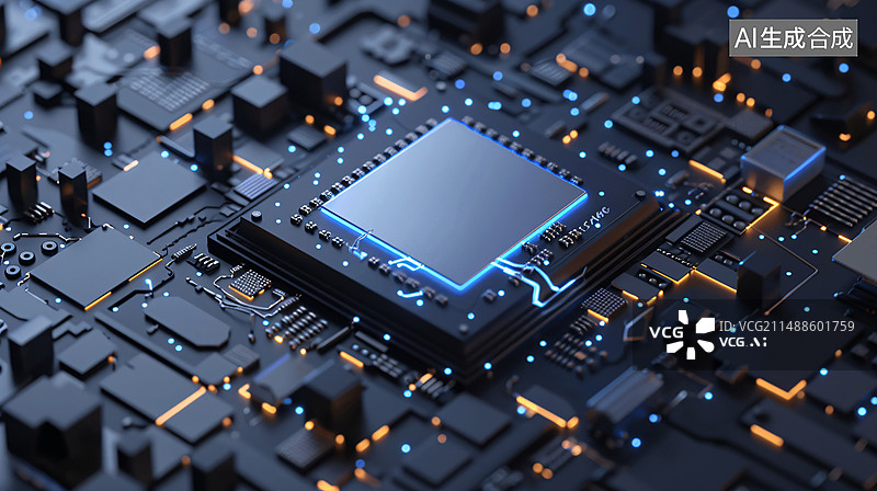 【AI数字艺术】抽象科技黑背景，未来感霓虹纹理蓝光主板概念插图图片素材