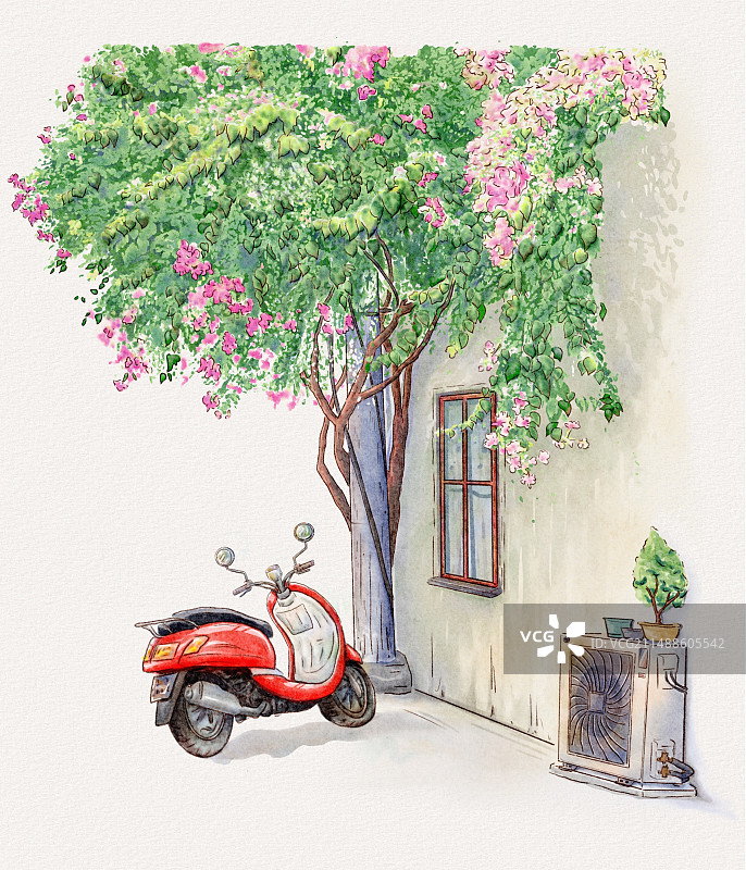 夏日小景 绿植下的红色摩托车图片素材