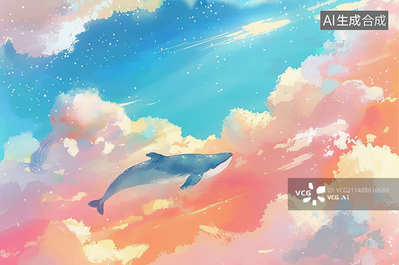 【AI数字艺术】一条鲸鱼在彩色的天空中遨游图片素材