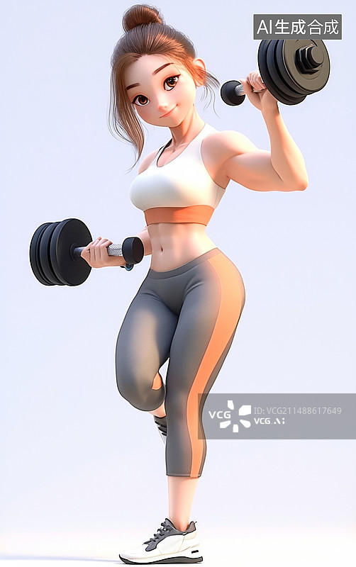 【AI数字艺术】正在举杠铃健身的女孩3D插画图片素材