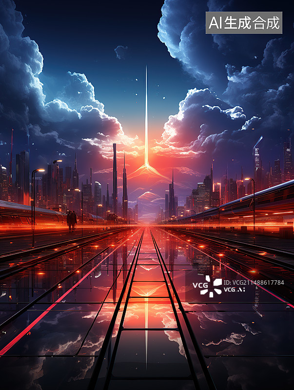 【AI数字艺术】超现实主义的未来城市与火车站图片素材