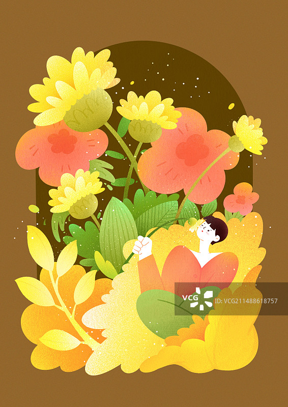 一位女性人物坐在黄色花丛中闻花香图片素材