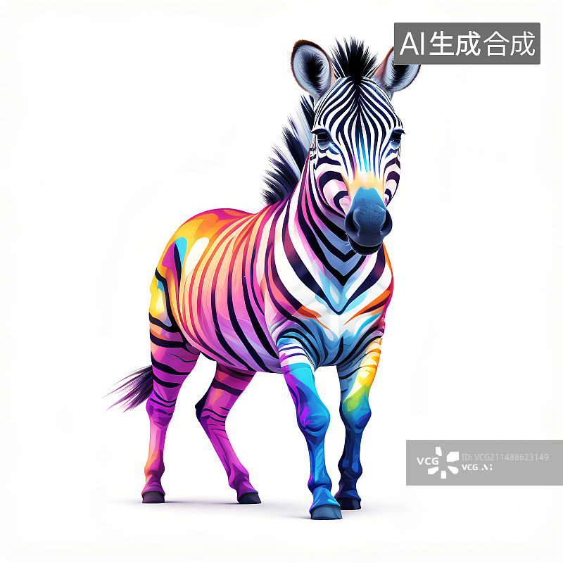 【AI数字艺术】白色背景上一匹设计感炫彩斑马图片素材