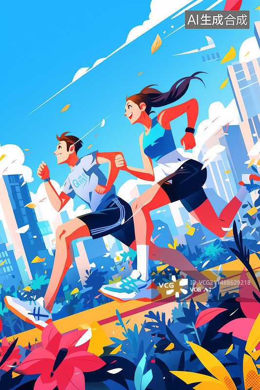 【AI数字艺术】一男一女跑步插画图片素材