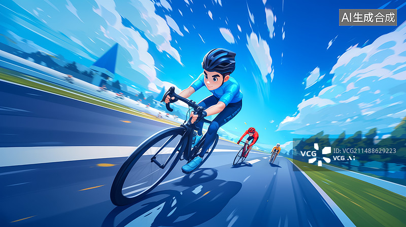 【AI数字艺术】身穿蓝色衣服正在骑行的男孩插画图片素材