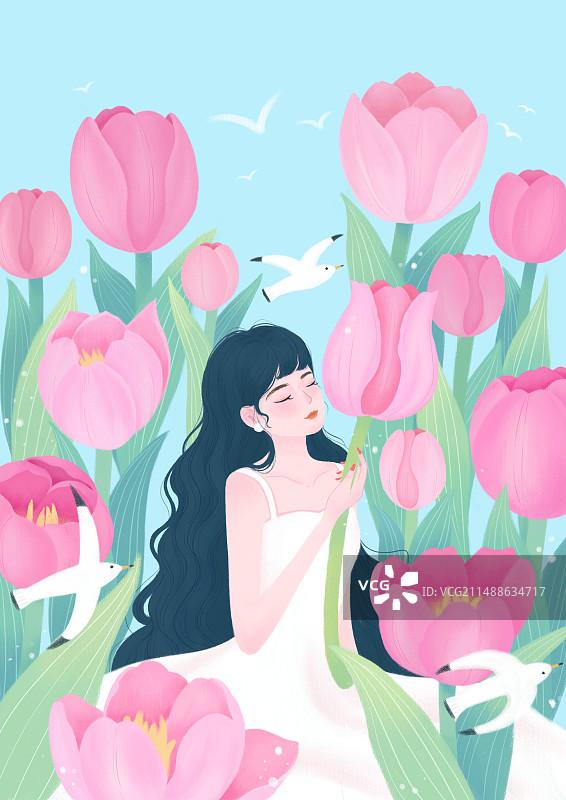 春日郁金香清新治愈系插画图片素材