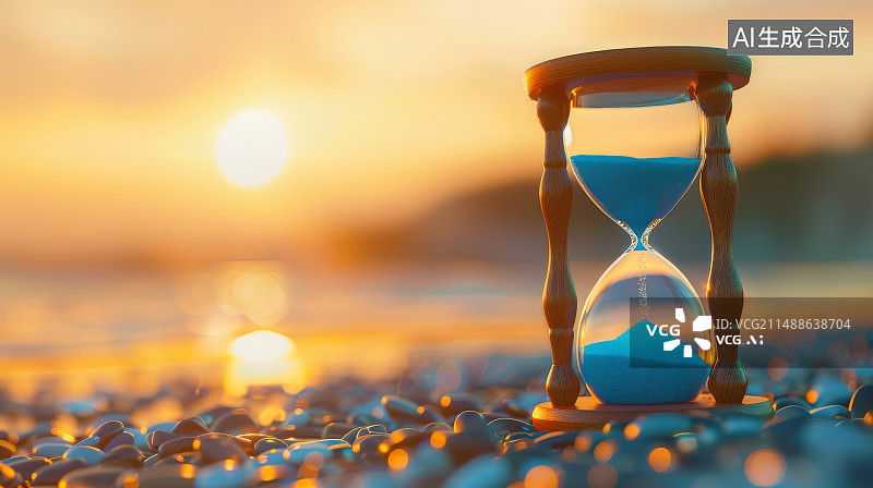 【AI数字艺术】傍晚夕阳下，沙滩上一个沙漏，时间流逝概念图片素材