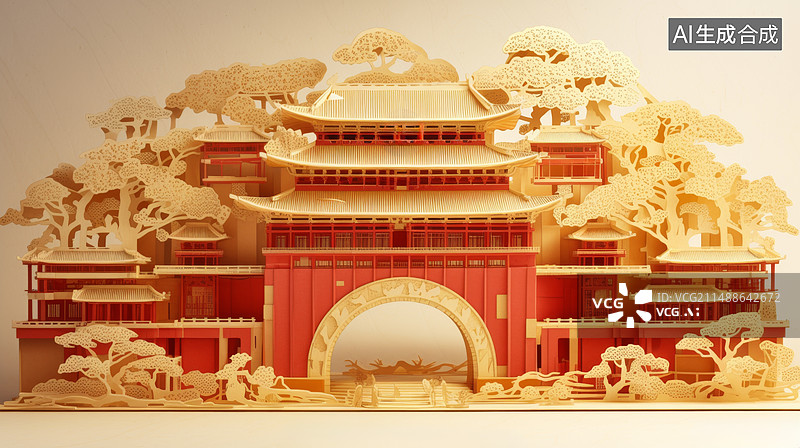【AI数字艺术】纸雕风格立体中国古建筑阁楼插画图片素材