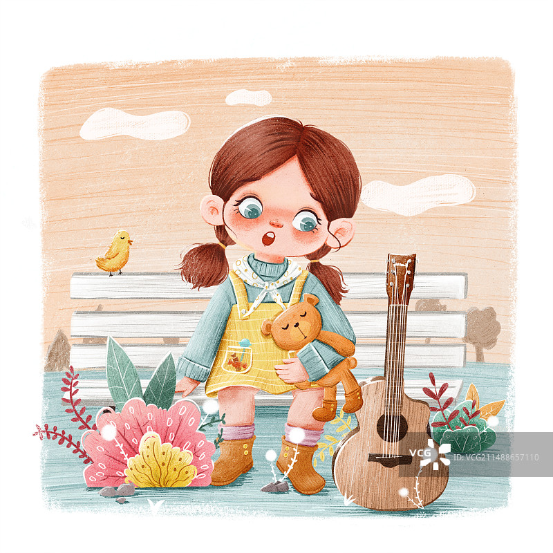 手绘春天坐在长椅上的小女孩场景插画图片素材