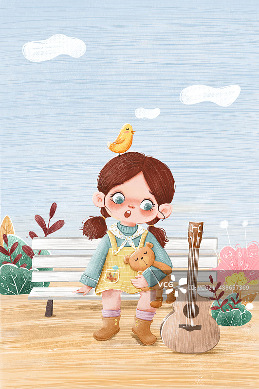 手绘春天坐在长椅上的小女孩场景插画图片素材