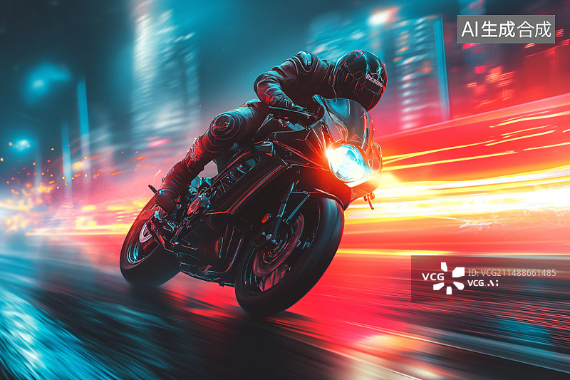 【AI数字艺术】一个骑手骑着科技感摩托车在霓虹灯中行驶图片素材