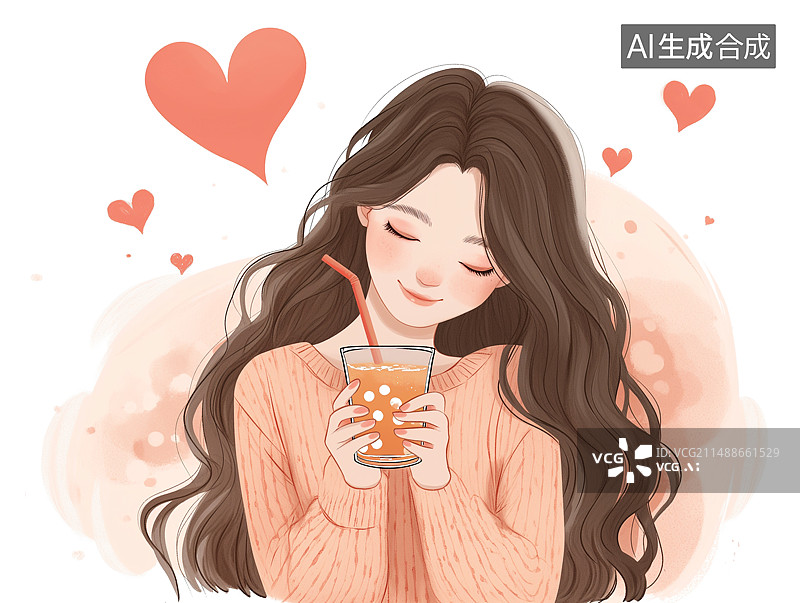 【AI数字艺术】一个漂亮女生正在喝奶茶图片素材