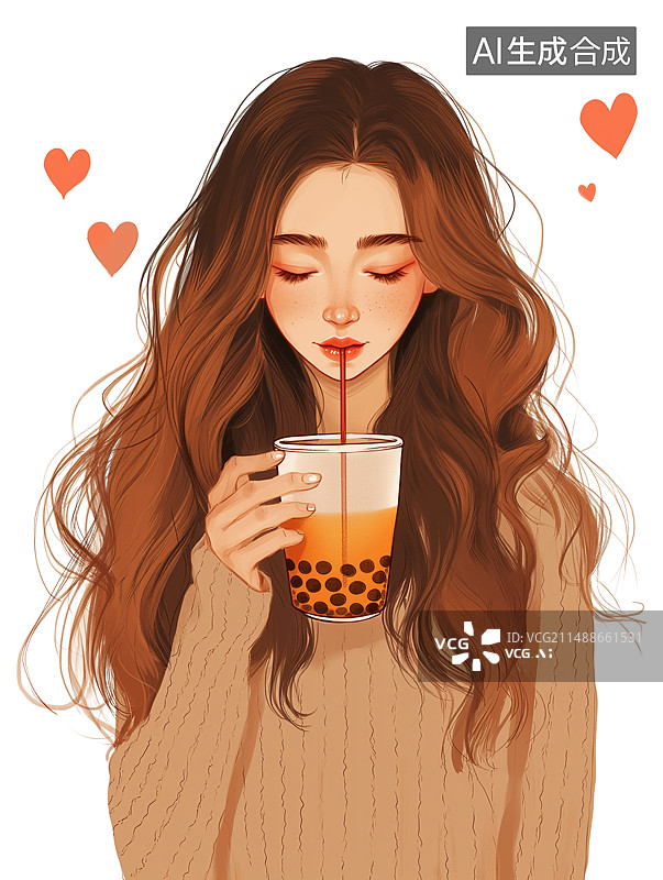 【AI数字艺术】一个漂亮女生正在喝奶茶图片素材