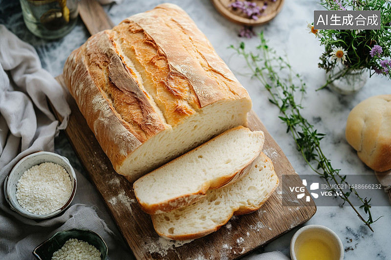 【AI数字艺术】厨房餐桌上的早餐白面包图片素材