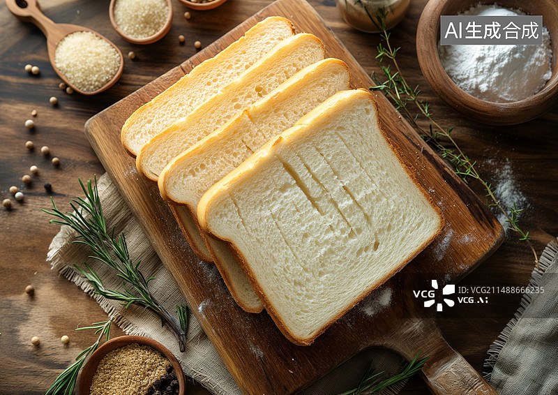 【AI数字艺术】厨房餐桌上的早餐白面包图片素材
