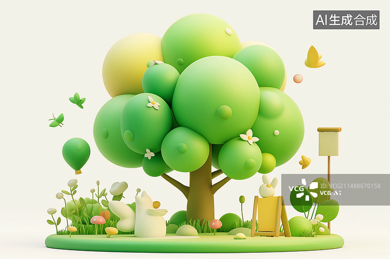 【AI数字艺术】绿色大树卡通图标图片素材