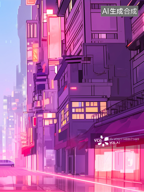 【AI数字艺术】赛博朋克风格，商业街购物中心商场店铺，夜晚彩色霓虹灯图片素材