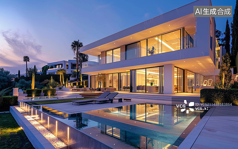 【AI数字艺术】黄昏，蓝调时刻的别墅游泳池图片素材