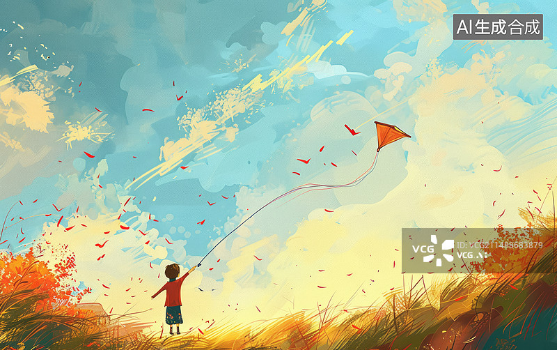 【AI数字艺术】放风筝的小孩图片素材