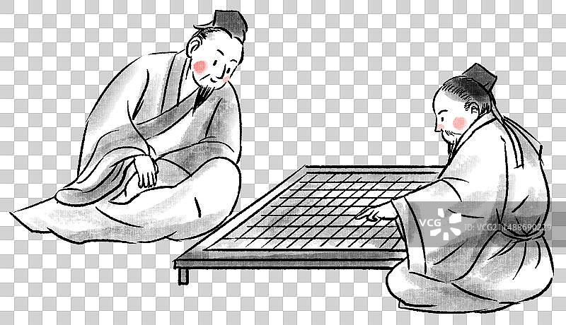 水墨风中国风新中式古风古典传统文化历史古人古装古代古时候下棋对弈向休闲休息动作卡通元素人物插画图片素材