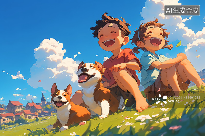 【AI数字艺术】孩子在野外草地大小和歌唱旁边两只小狗图片素材