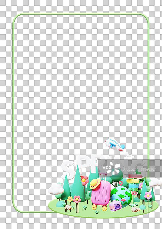 3D立体春天旅行踏春出行场景边框元素图片素材