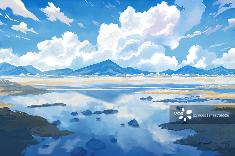 清新治愈天空大海蓝天白云晴空万里小说插画壁纸杂志背景封面海报图片素材