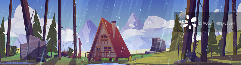 雨天里带舒适小屋的山地森林图片素材
